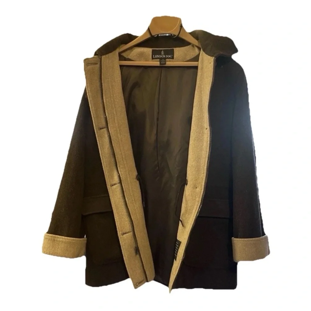 London Fog Women’s Hooded Wool Coat- M-Brown & Tan-Lined - Picture 2 of 15